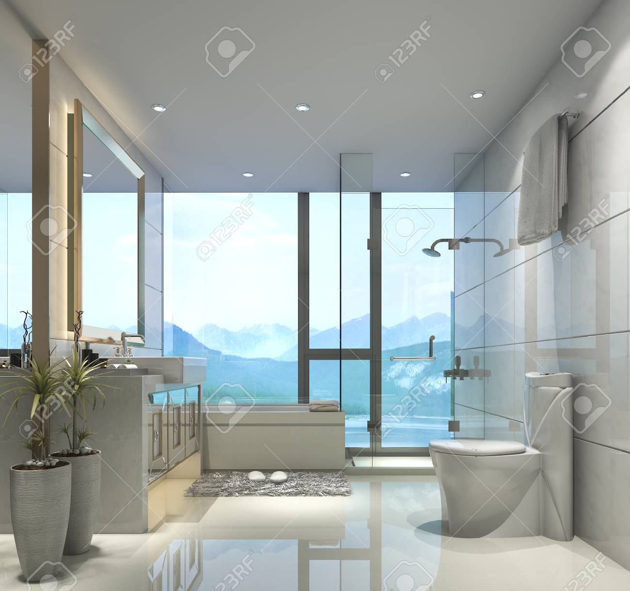 3d Rendering Modernes Klassisches Bad Mit Luxus Fliesen Dekor Mit Schonen Natur Blick Aus Fenster Lizenzfreie Fotos Bilder Und Stock Fotografie Image 81794376