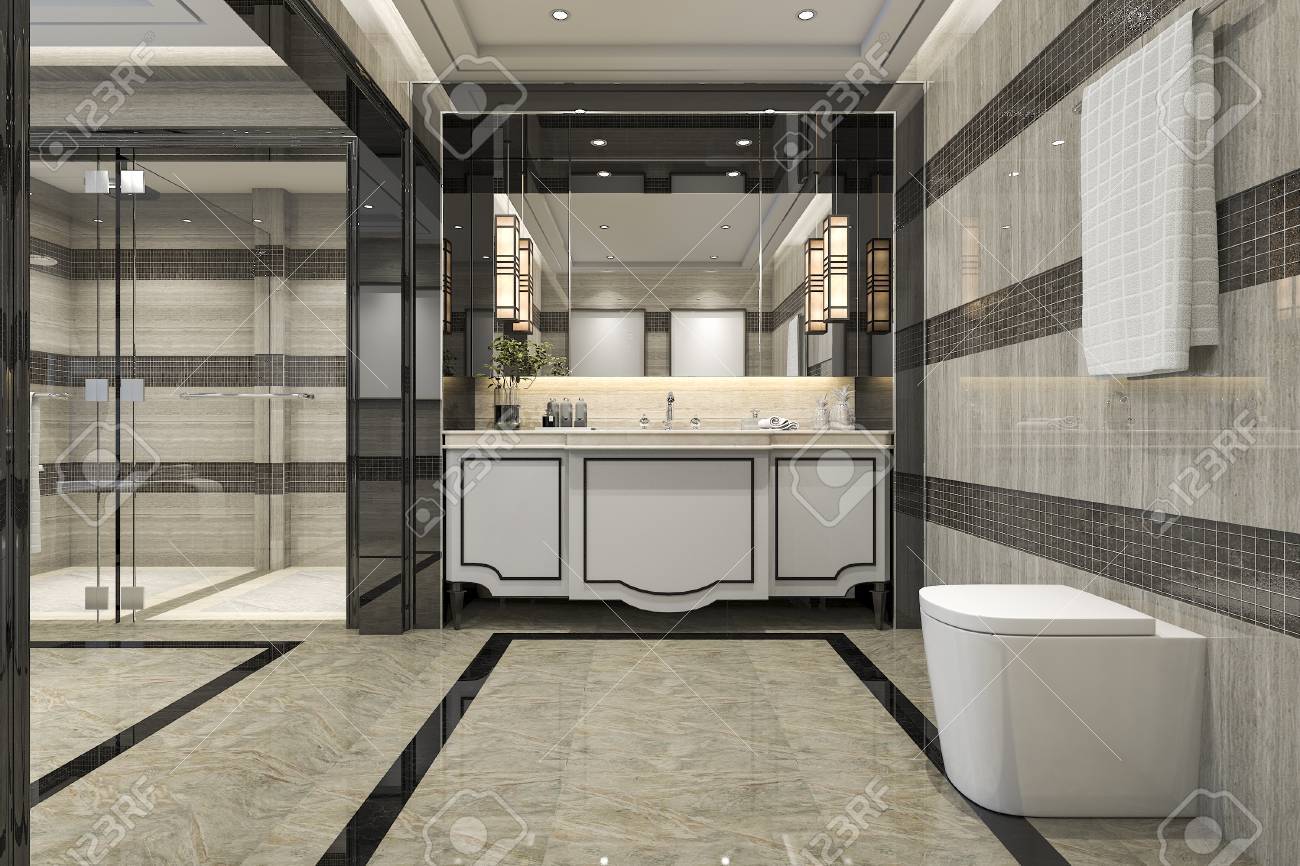 3D-Rendering Modernes Loft-Badezimmer Mit Luxus Fliese Dekor Mit ... 3D-Rendering Modernes Loft-Badezimmer Mit Luxus Fliese Dekor Mit ...
