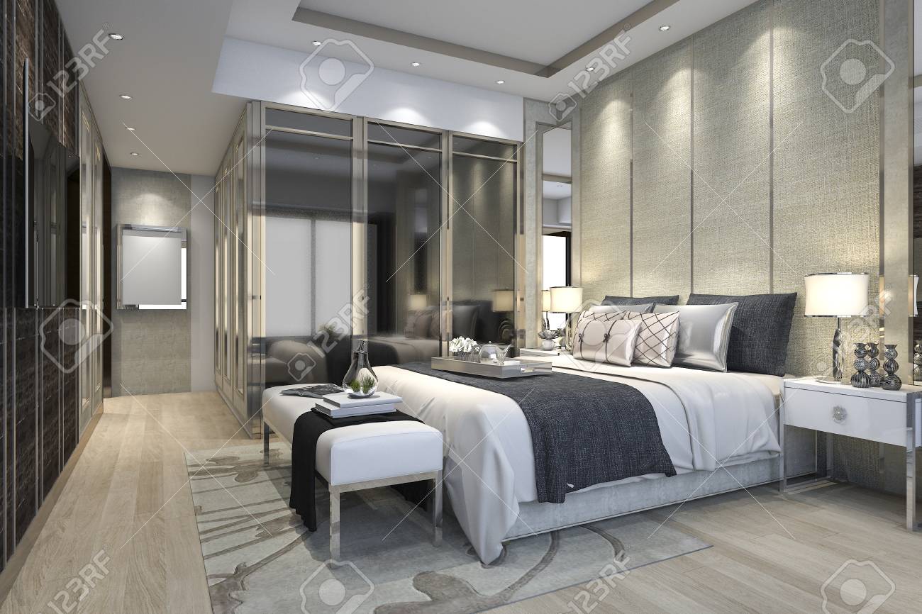 3d Rendering Luxury Modern Bedroom Suite In Hotel With Wardrobe