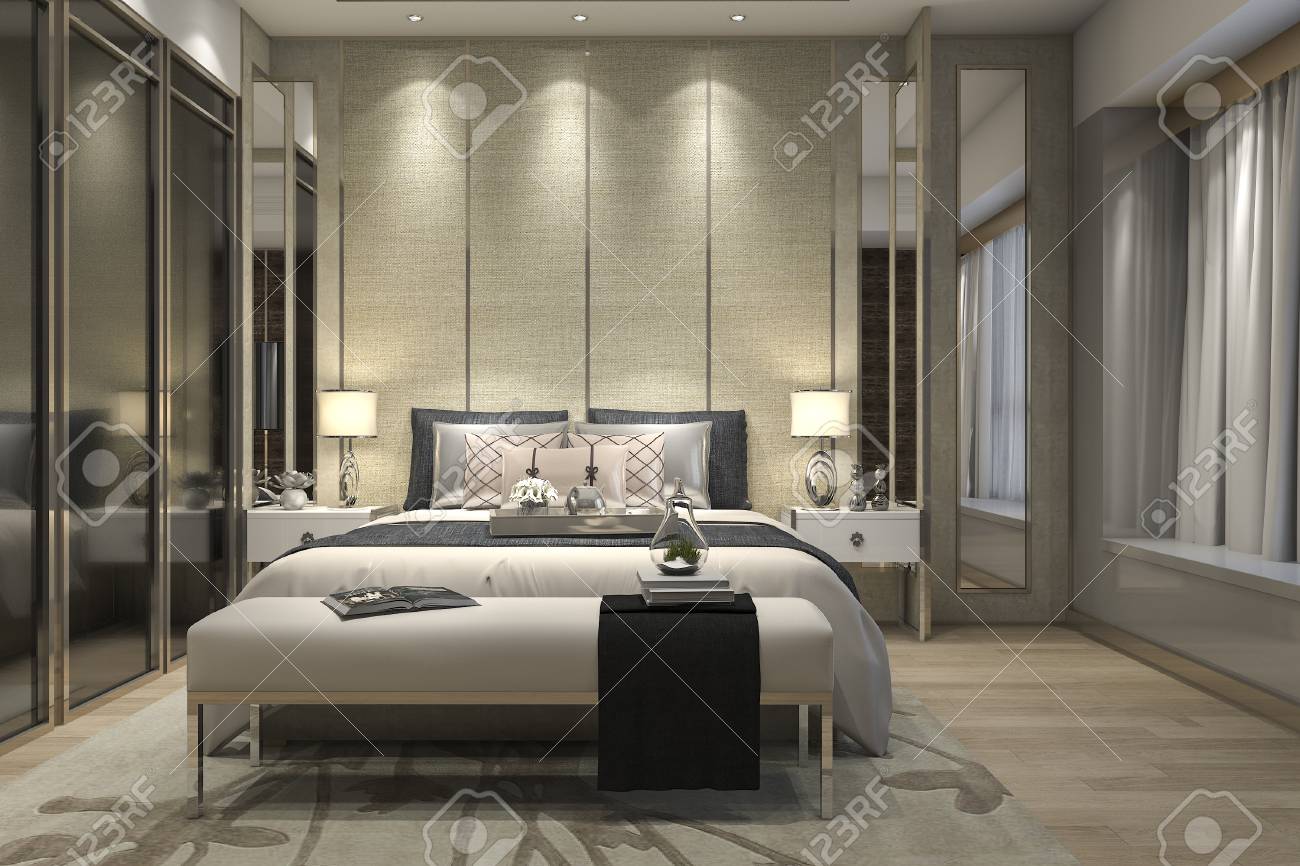 3d Rendering Luxury Modern Bedroom Suite In Hotel With Wardrobe