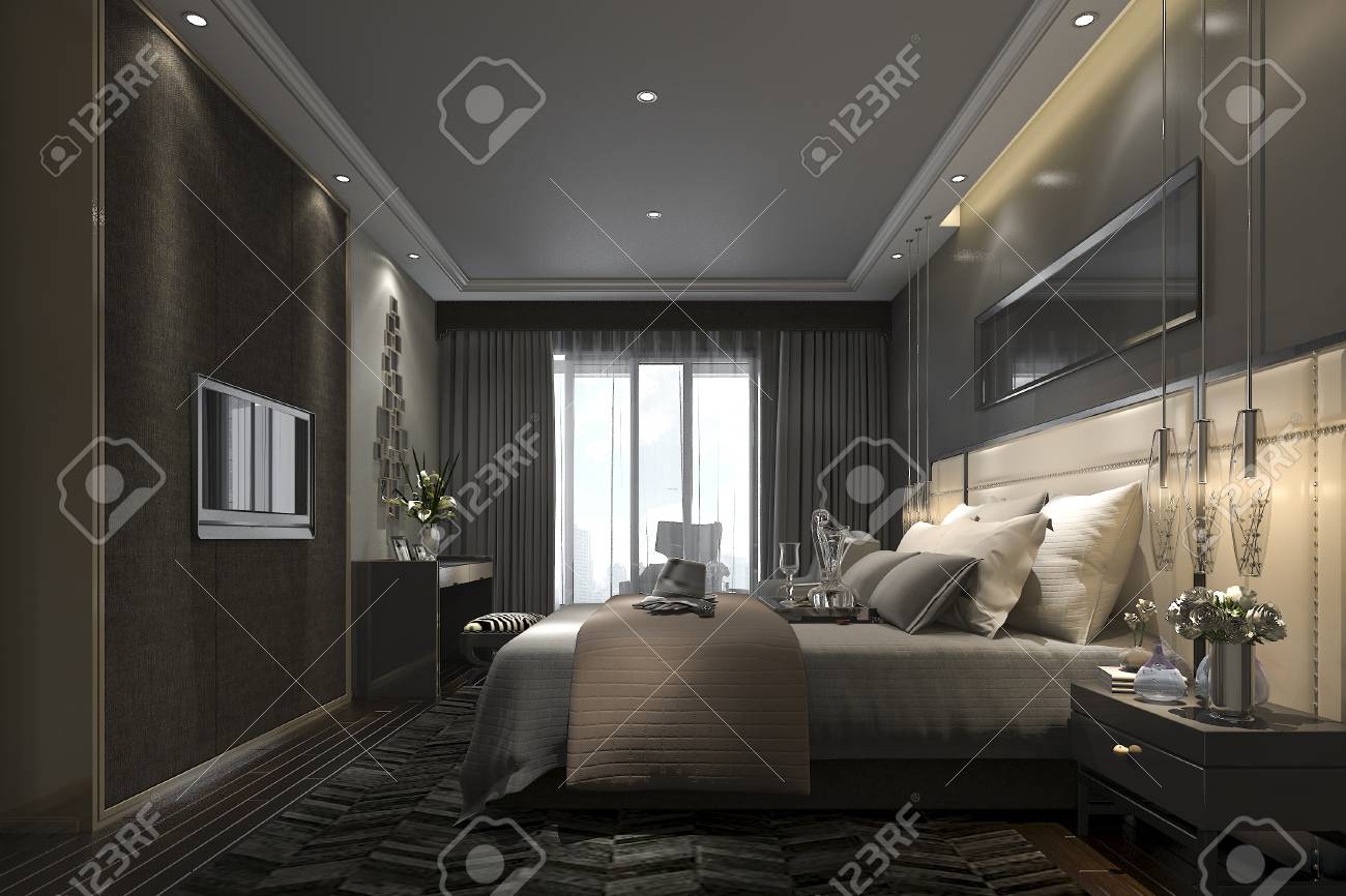 ホテルとリゾートの 3 D レンダリング黒ラグジュアリー モダンなベッドルーム スイート の写真素材 画像素材 Image