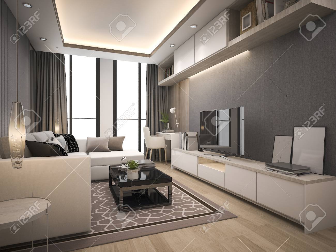 3d rendering luxury and modern living room with good design leather