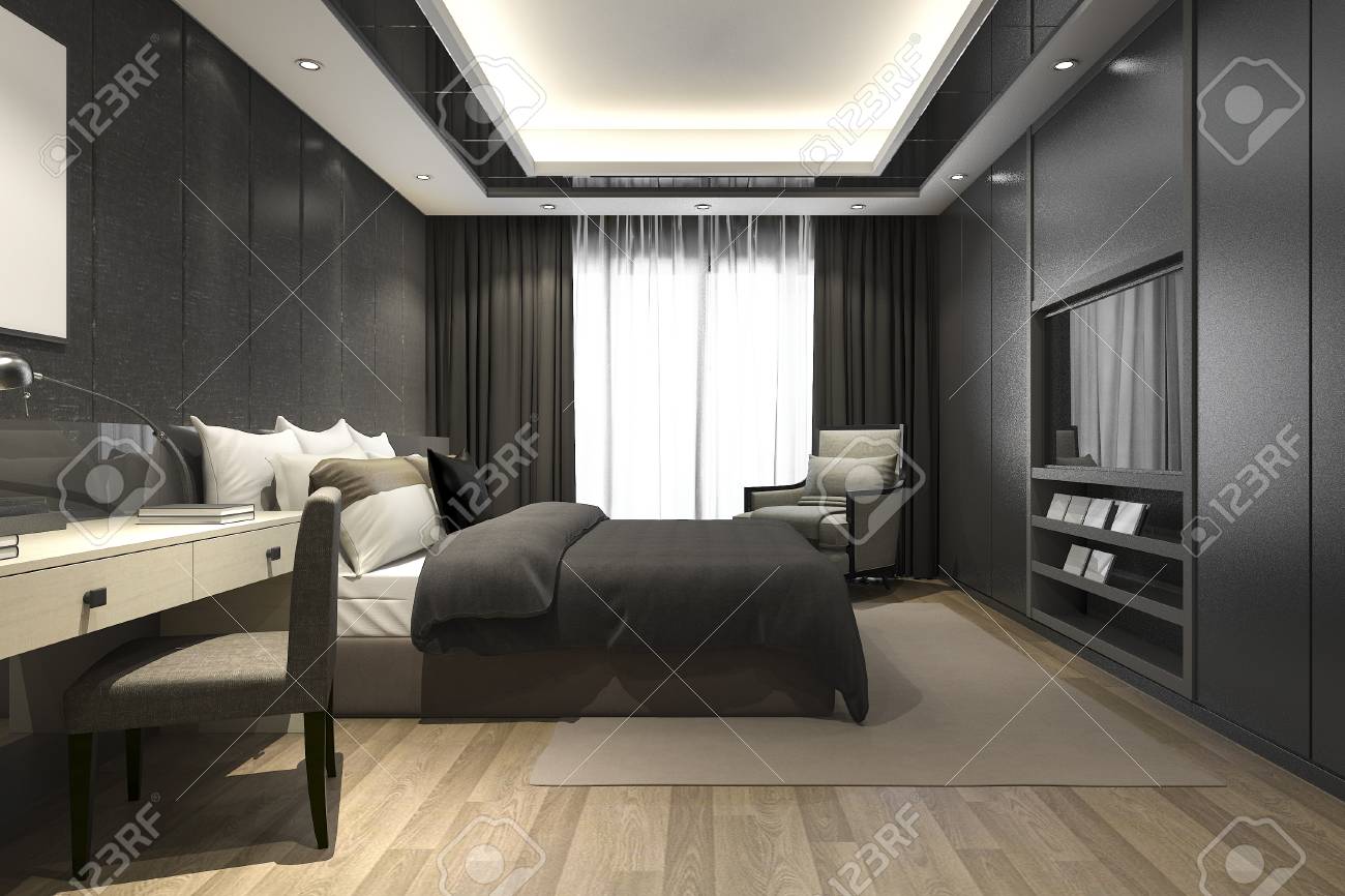3d Rendering Black Luxury Modern Bedroom Suite In Hotel And Resort