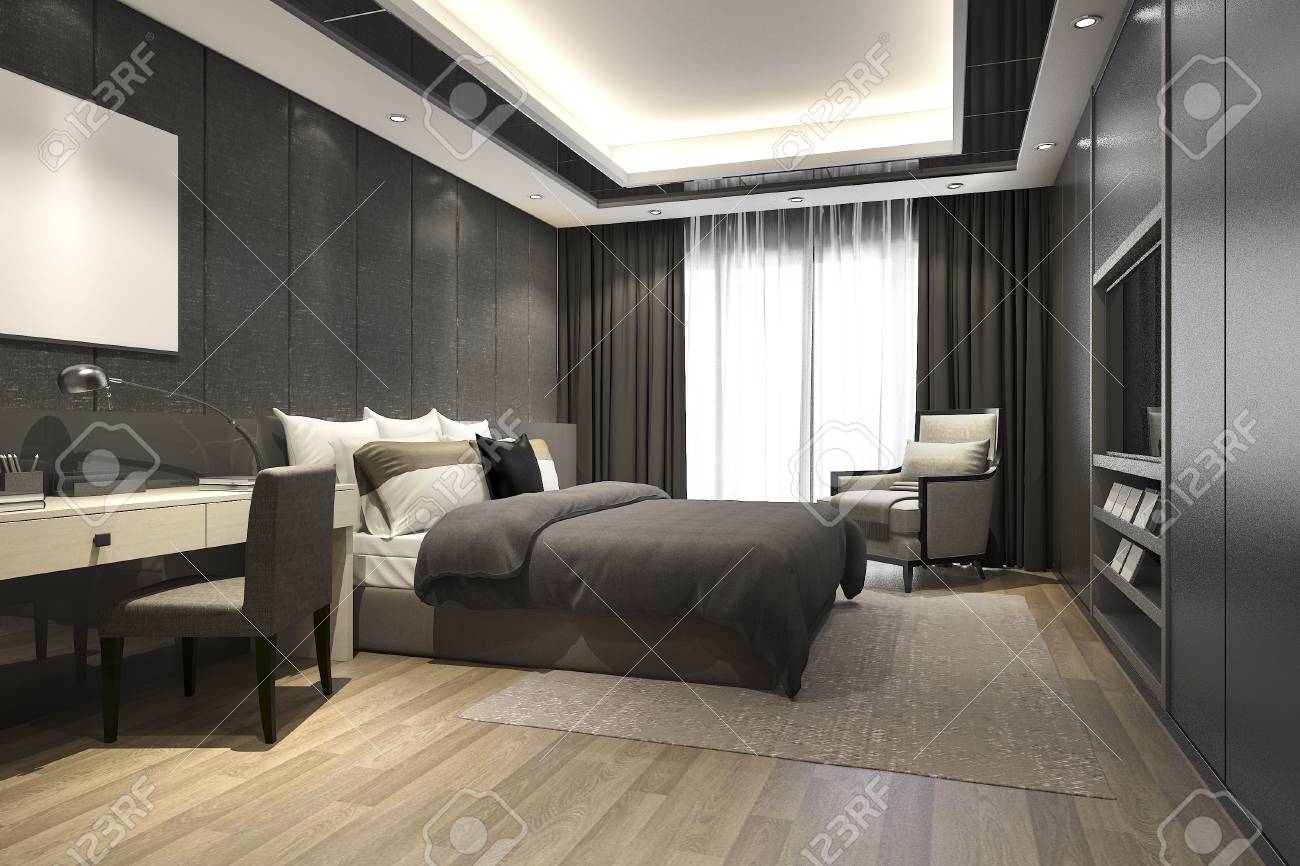 3d Rendering Black Luxury Modern Bedroom Suite In Hotel And Resort