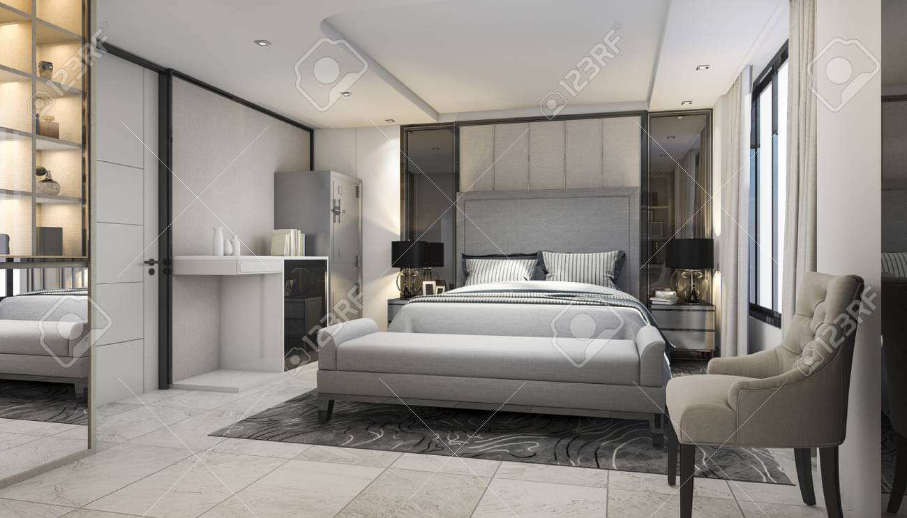 3d Rendering Modern Luxury Bedroom Suite In Hotel With Decor