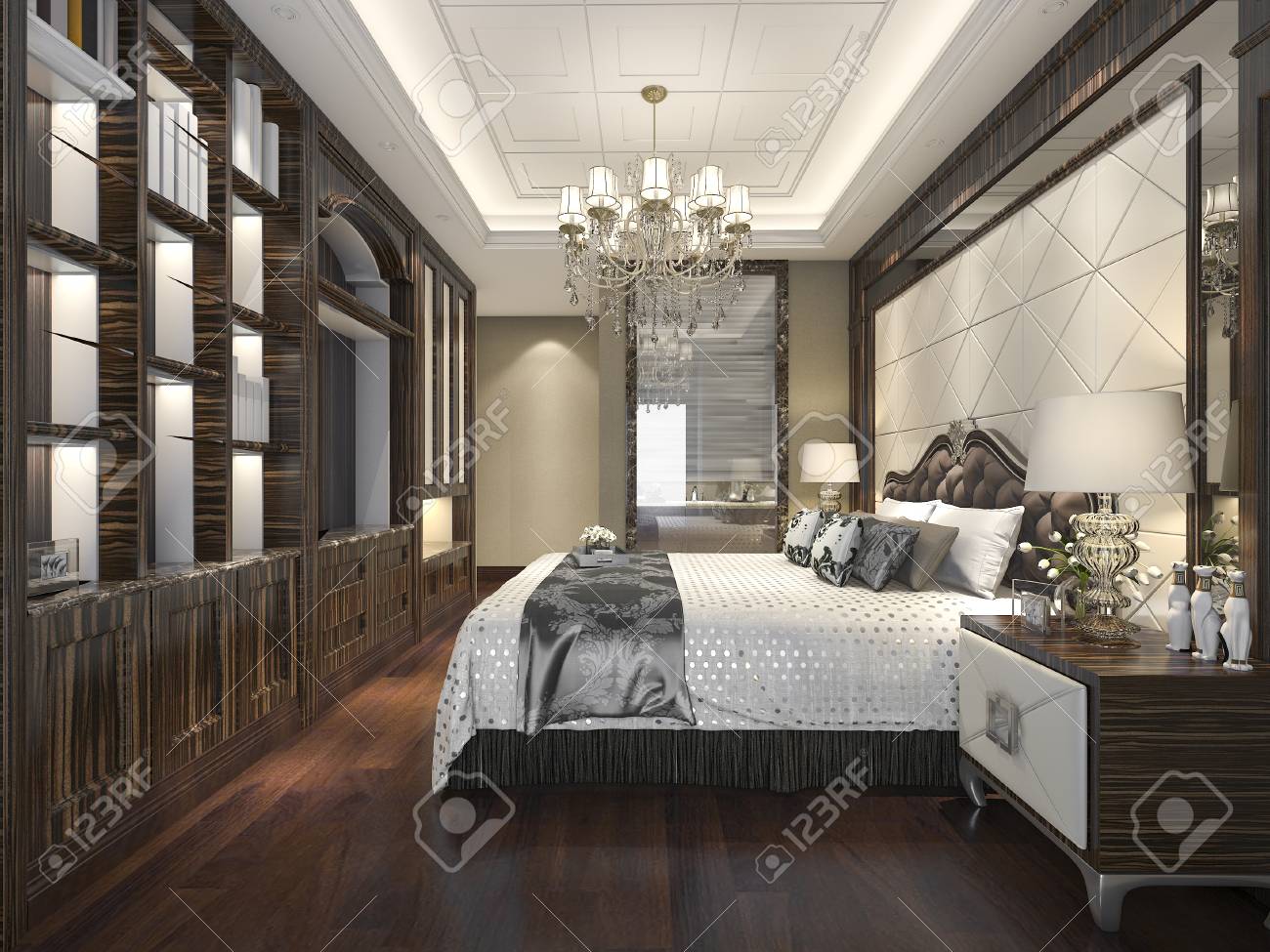 3d Rendering Wood Classic Bedroom Suite With Bookshelf And Bathroom