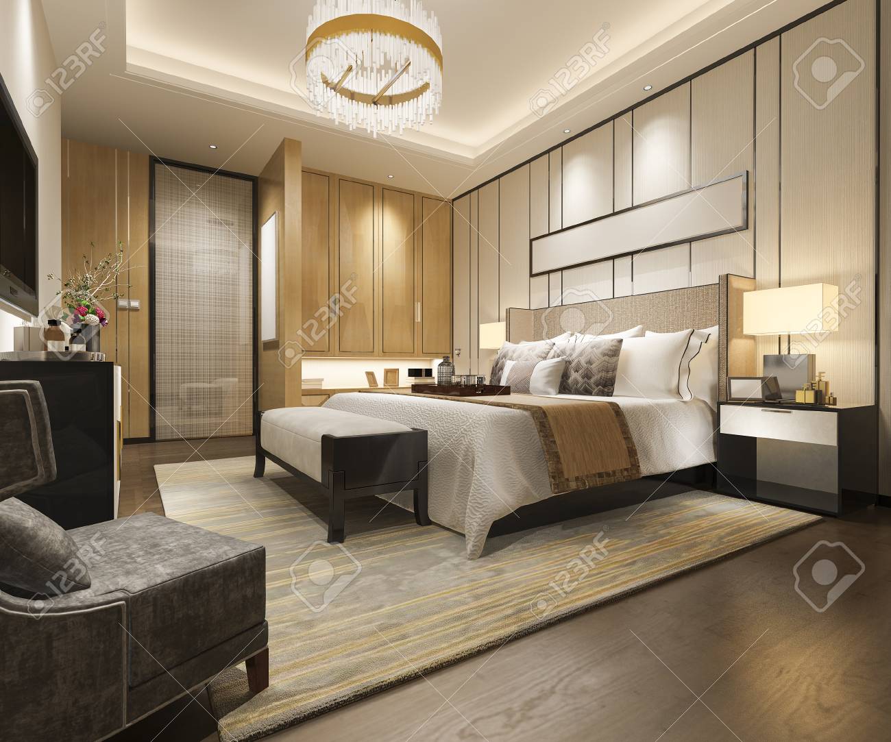 3d Rendering Luxury Modern Bedroom Suite In Hotel With Wardrobe