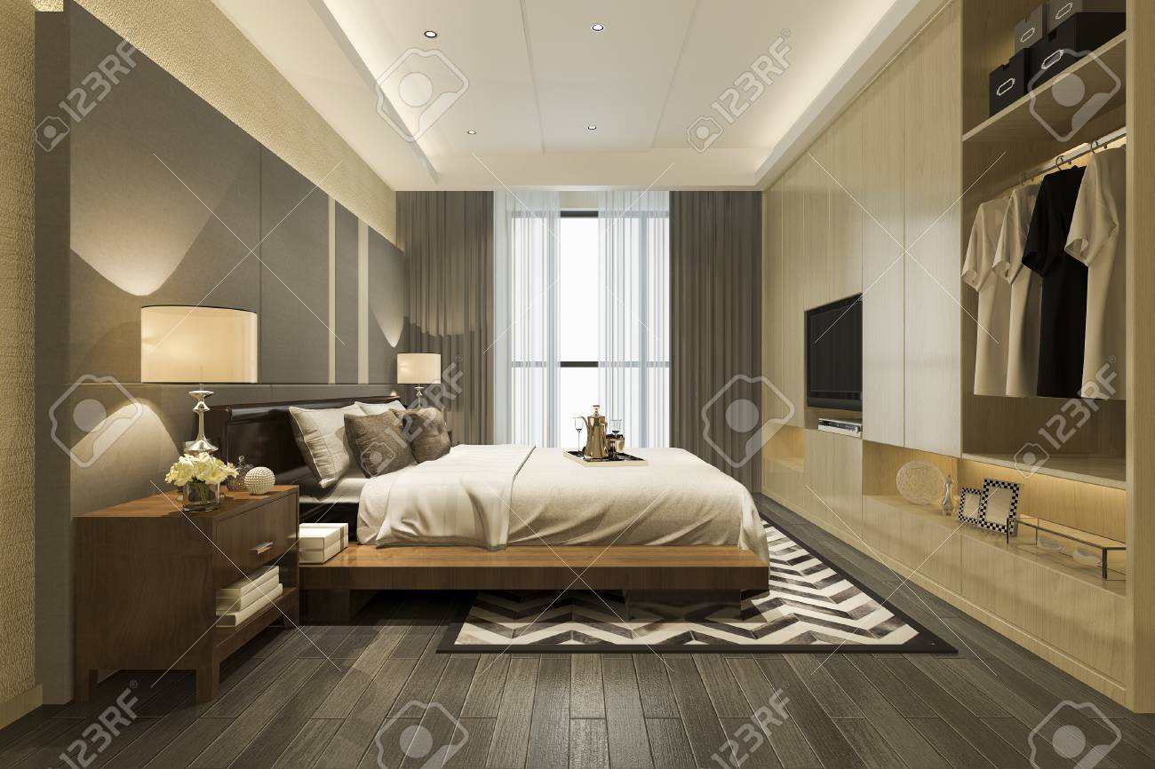 3d Rendering Luxury Modern Bedroom Suite Tv With Wardrobe And