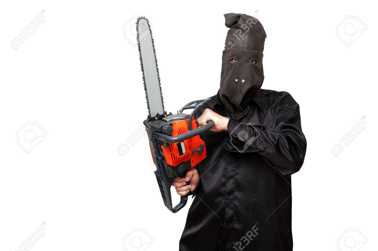 Butcher In The Black Leather Mask Is Holding Chainsaw. Isolated On White.  Stock Photo, Picture and Royalty Free Image. Image 8784347.