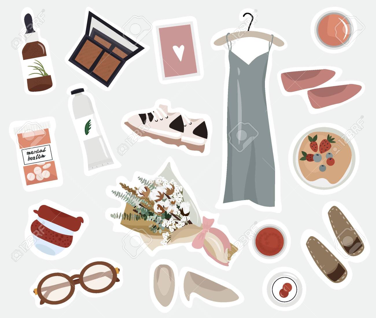 A set of stickers for a daily planner with clothes, cosmetics, food, shoes and everyday different things for girls. Trendy flat vector stickers for planner or diary for the modern conscious girl. - 148726539 A set of stickers for a daily planner with clothes, cosmetics, food, shoes and everyday different things for girls. Trendy flat vector stickers for planner or diary for the modern conscious girl. - 148726539