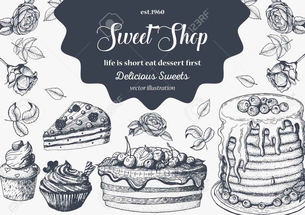 Design Mit Tinte Hand Gezeichnet Kuchen Kuchen Eis Und Waffeln