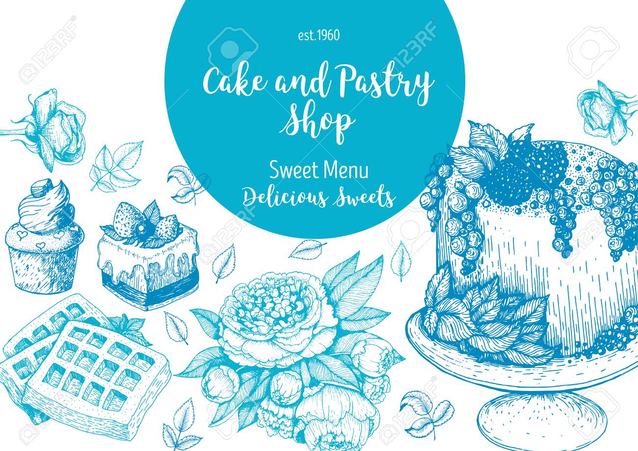 Design Mit Tinte Hand Gezeichnet Kuchen Kuchen Eis Und Waffeln