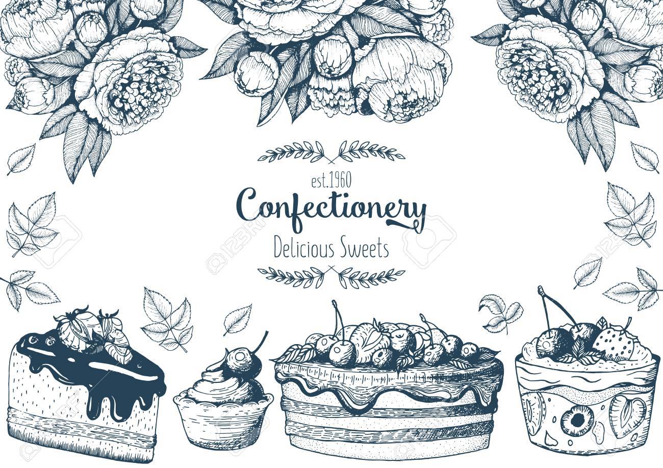 Design Mit Tinte Hand Gezeichnet Kuchen Kuchen Eis Und Waffeln