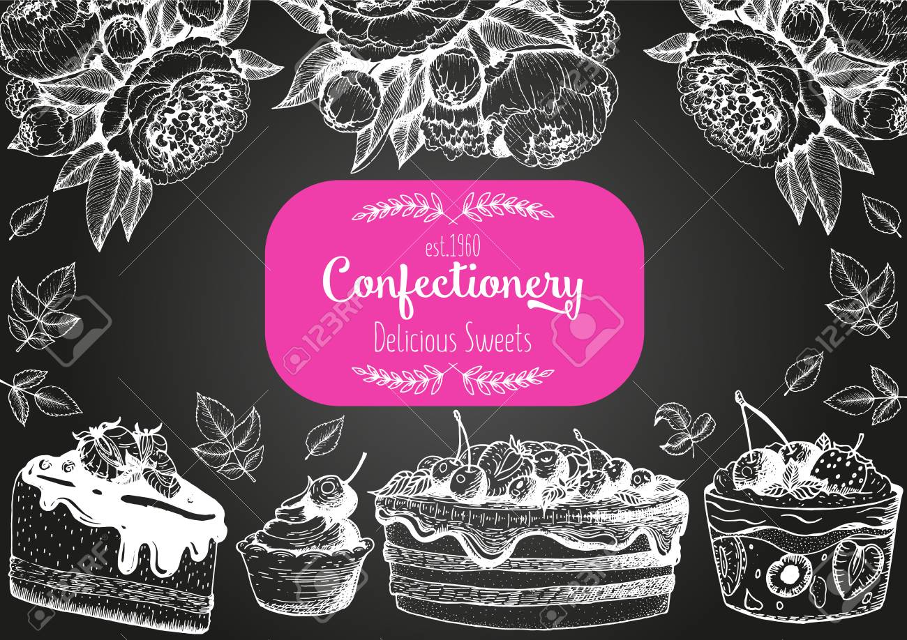 Design Mit Tinte Hand Gezeichnet Kuchen Kuchen Eis Und Waffeln