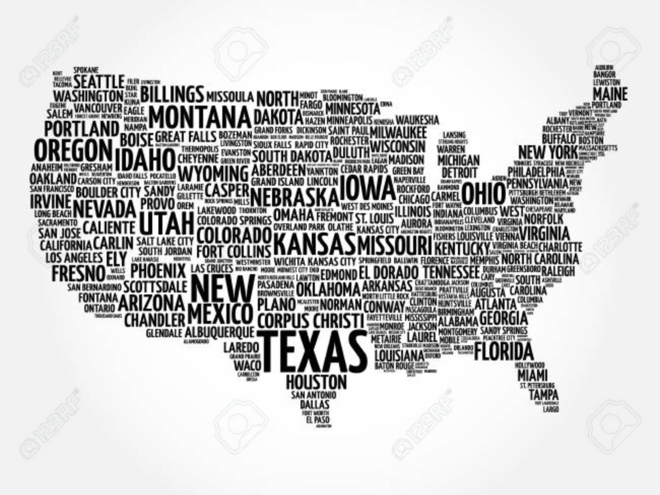 usa map word cloud with most important cities royalty free cliparts