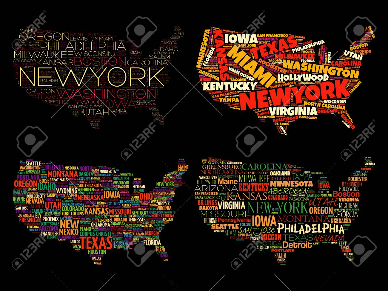set of 4 infographic usa maps word cloud collage with most important word infographic