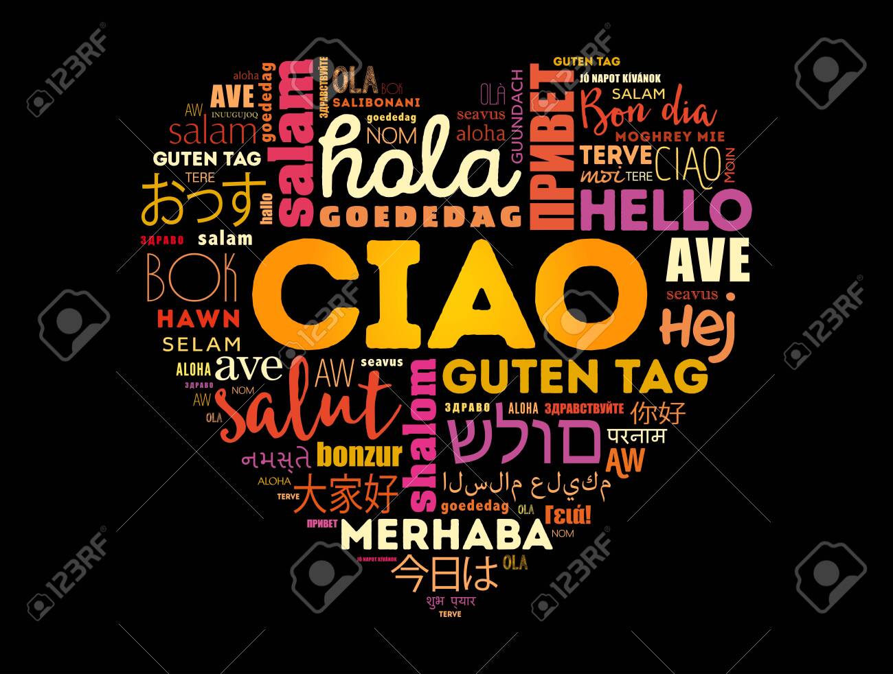 Ciao (Hello Greeting in Italian) heart word cloud in different languages of the world - 150336512 Ciao (Hello Greeting in Italian) heart word cloud in different languages of the world - 150336512