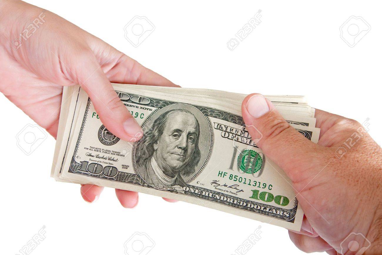 Man and woman holding a bundle of a hundred dollar banknotes - 10028812 Man and woman holding a bundle of a hundred dollar banknotes - 10028812