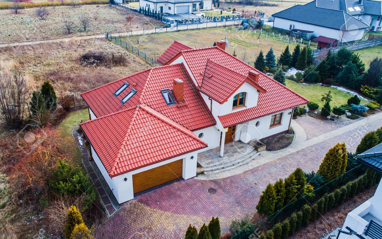 Aerial drone view on single family house in Poland - 96785876 Aerial drone view on single family house in Poland - 96785876