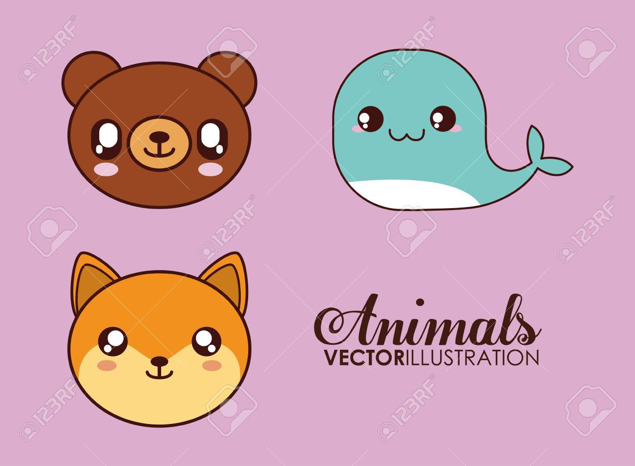 Design Cute Animal Represente Par Kawaii Ours Baleine Et Le Renard Icone Colorfull Et Illustration Plat Clip Art Libres De Droits Vecteurs Et Illustration Image 59826039