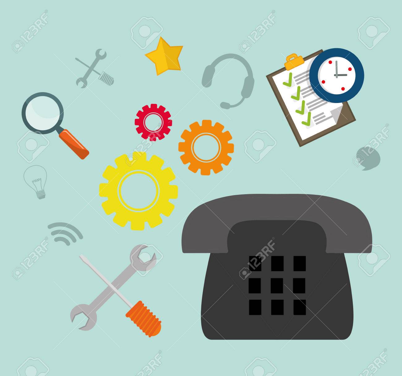 Conjunto De Teléfono Herramientas Lista De Equipo De Atención Al Cliente, Servicio Técnico Icono Del Centro De Llamadas. Diseño Colorido Y Plana. Ilustración Vectorial Ilustraciones Svg, Clip Art Vectorizado Libre