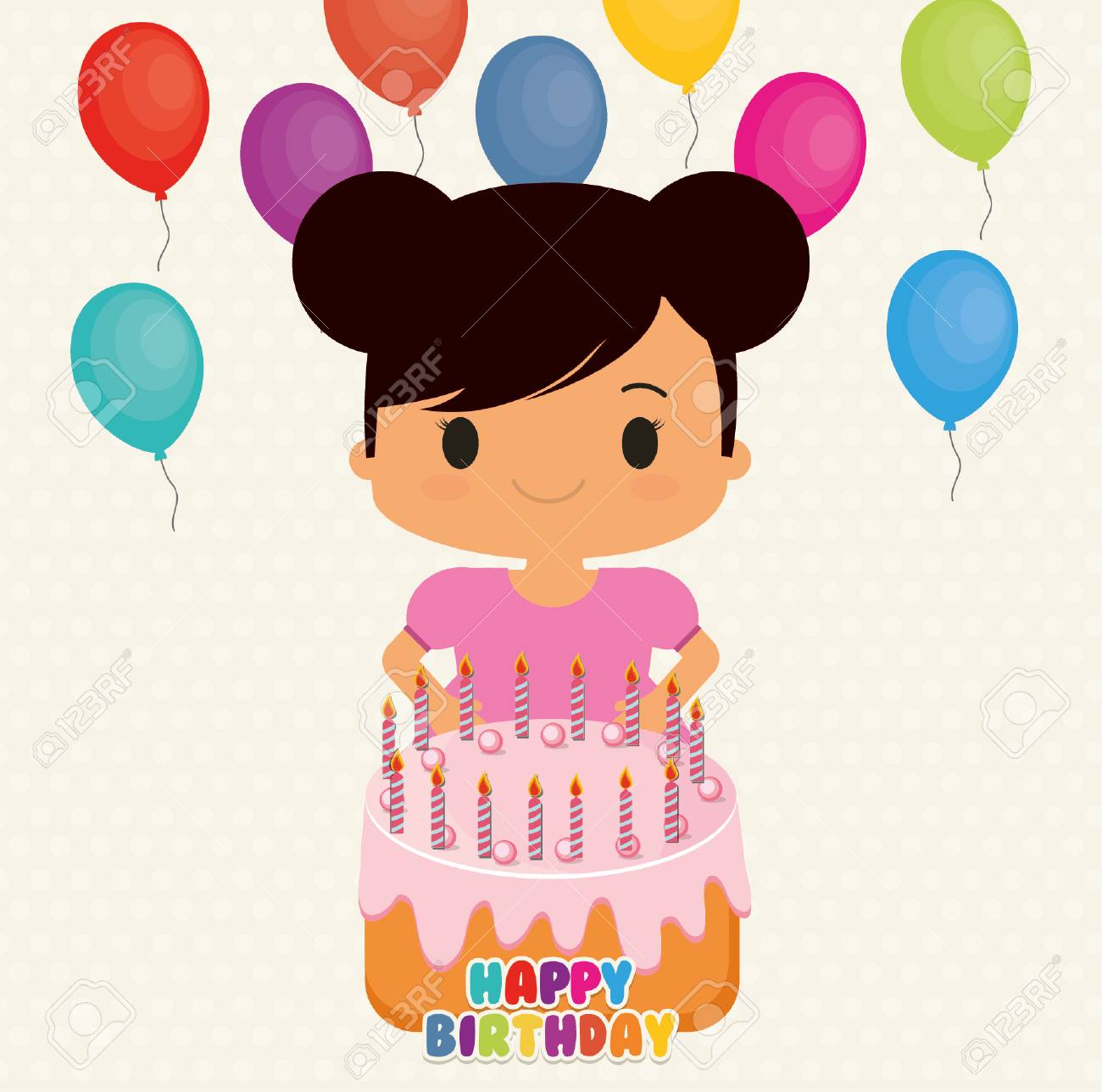 Caricature De Fille Avec Des Ballons Icone De Gateau Joyeux Anniversaire Et Theme De La Carte Design Colore Illustration Vectorielle Clip Art Libres De Droits Vecteurs Et Illustration Image
