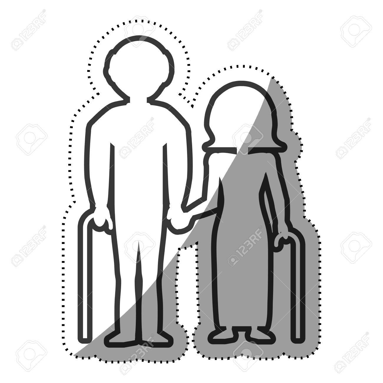elderly couple grandparents with cane outline vector illustration