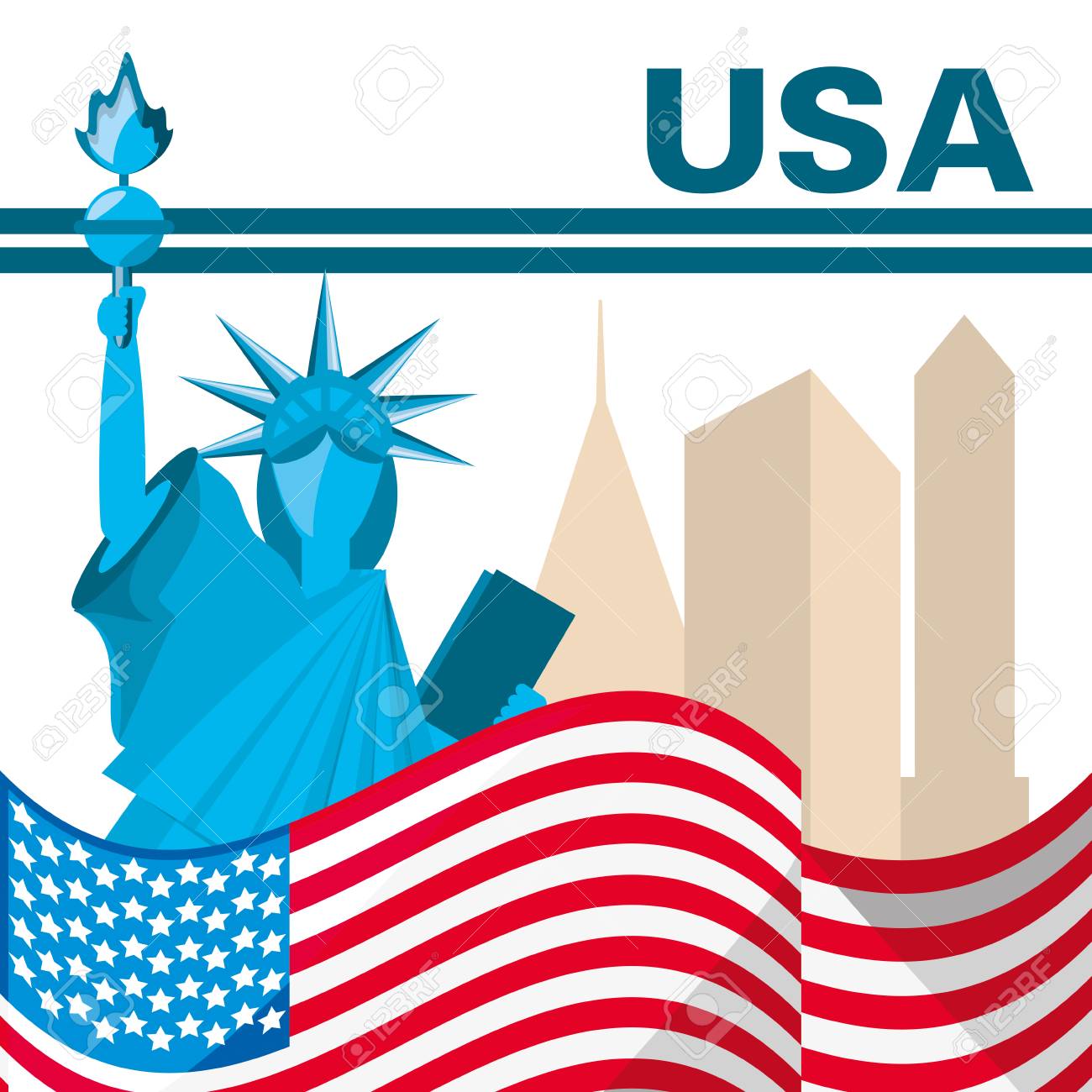 アメリカの国旗とベクトル イラスト デザイン自由の女神像 のイラスト素材 ベクタ Image