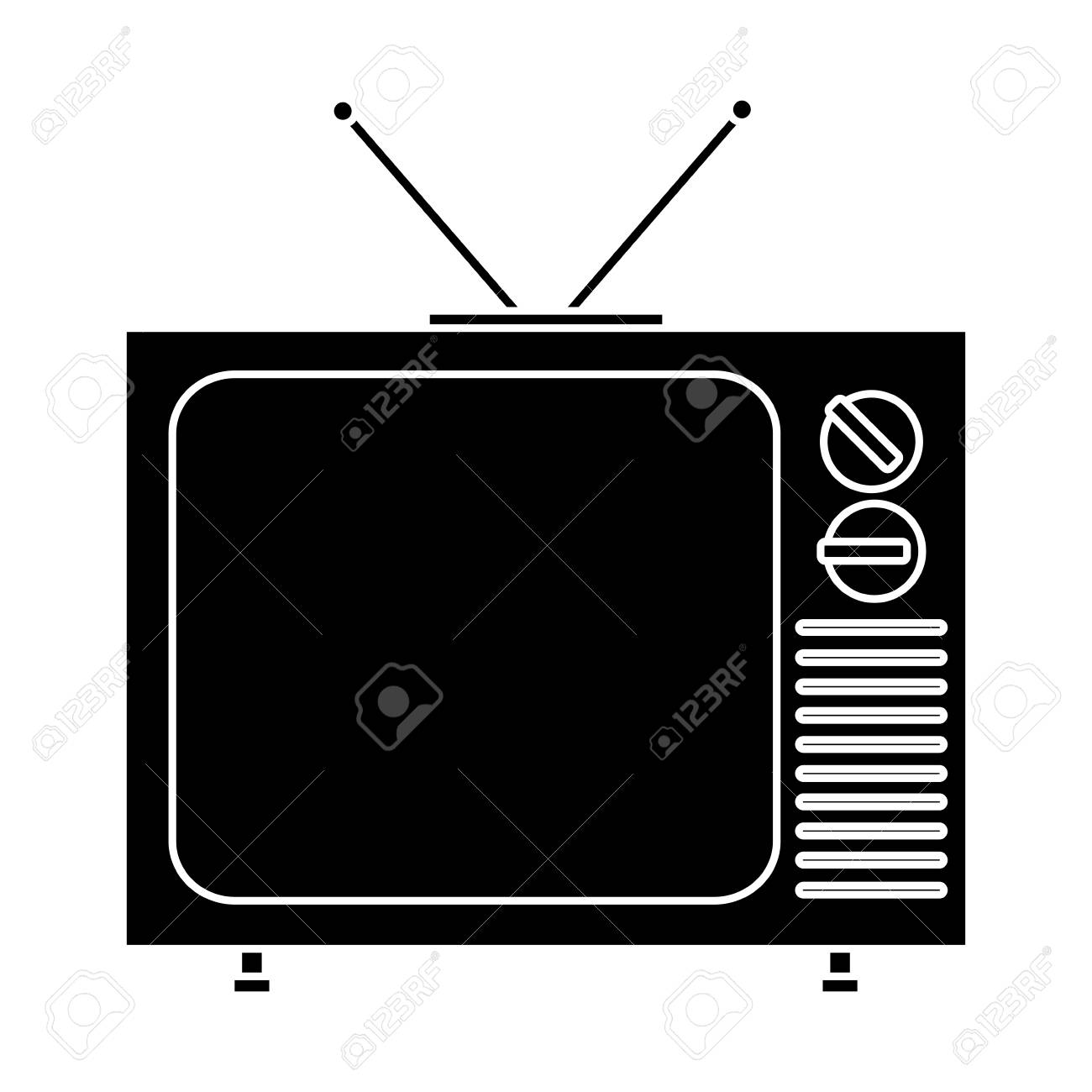 白い背景の上のアンテナ アイコンが付いたレトロなテレビのシルエット ベクトル図のイラスト素材 ベクタ Image