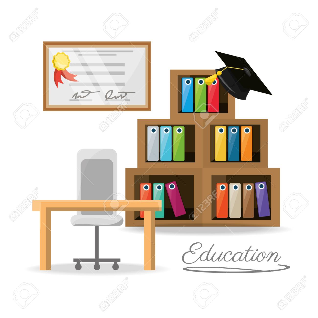 素敵なオフィスの本棚と卒業証書 ベクトル イラスト デザインのイラスト素材 ベクタ Image