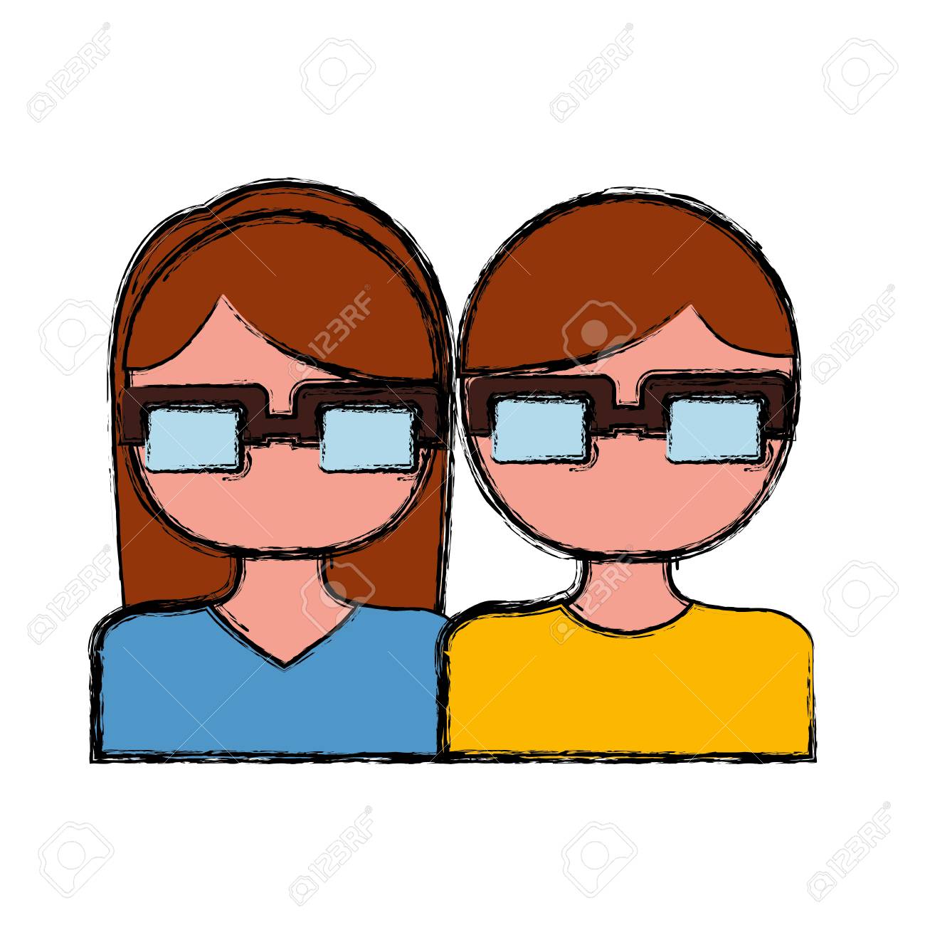 白地のカラフルなデザインをメガネ アイコンで男女のカップル ベクトル イラストのイラスト素材 ベクタ Image