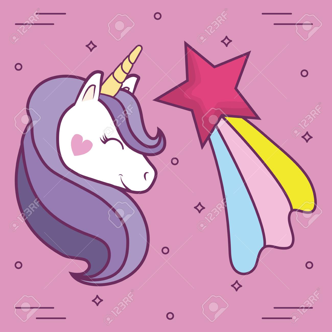 Icono Magico Del Unicornio Y De La Estrella Fugaz Sobre