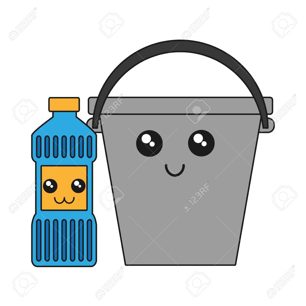 白い背景カラフルなデザインベクトルイラストの上に可愛いバケツとクリーニング機器のアイコンのイラスト素材 ベクタ Image