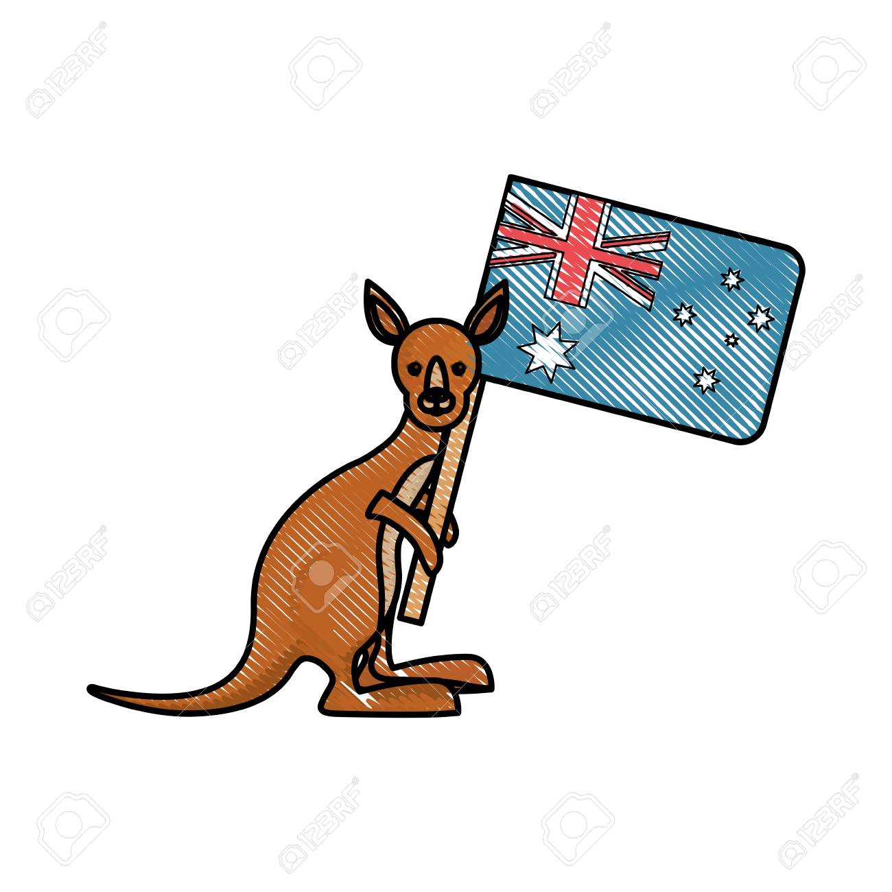 白い背景の上のオーストラリアの旗のアイコンを保持しているカンガルー ベクトル イラスト のイラスト素材 ベクタ Image