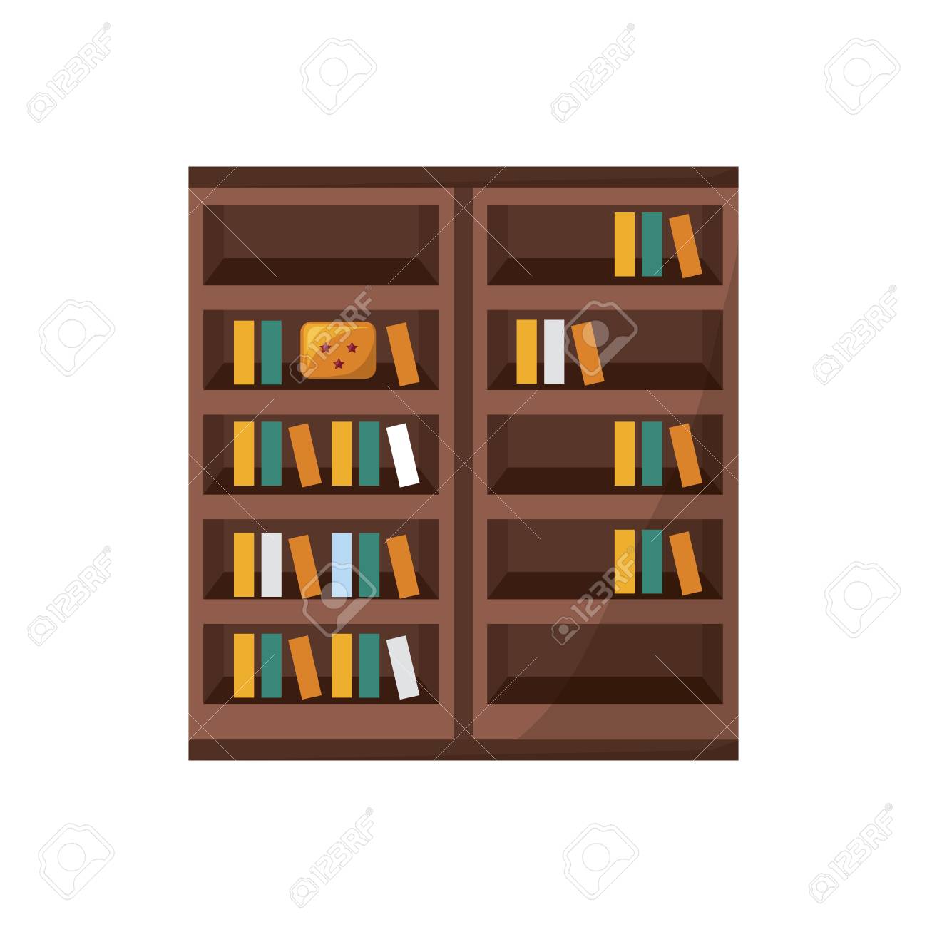 a wooden bookshelf with books icon over white background vector