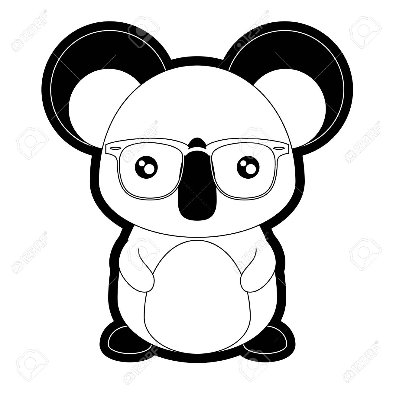 白い背景ベクトルイラストの上にメガネをかけた平坦な線単色コアラ のイラスト素材 ベクタ Image
