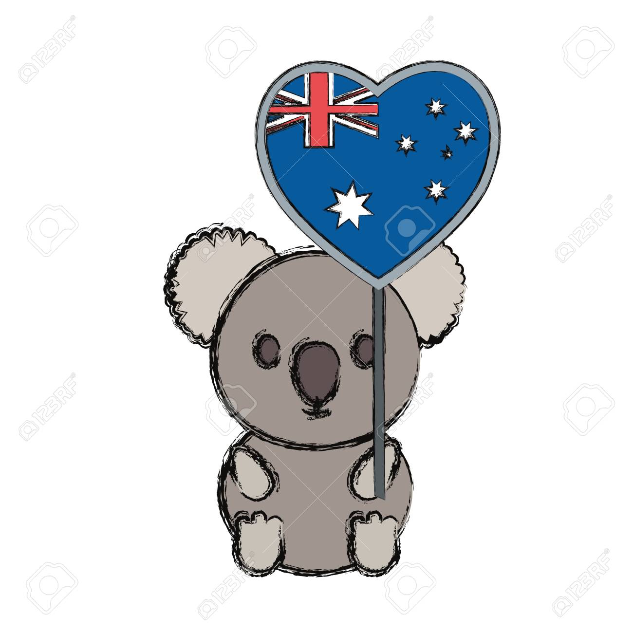 白い背景ベクトルイラストの上にオーストラリアの旗とハートデザインの色のコアラのイラスト素材 ベクタ Image