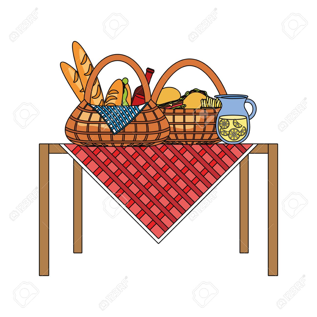 Table With Picnic Baskets With Food Over White Background Colorful Royalty Free Cliparts Vectors And Stock Illustration Image 92446660