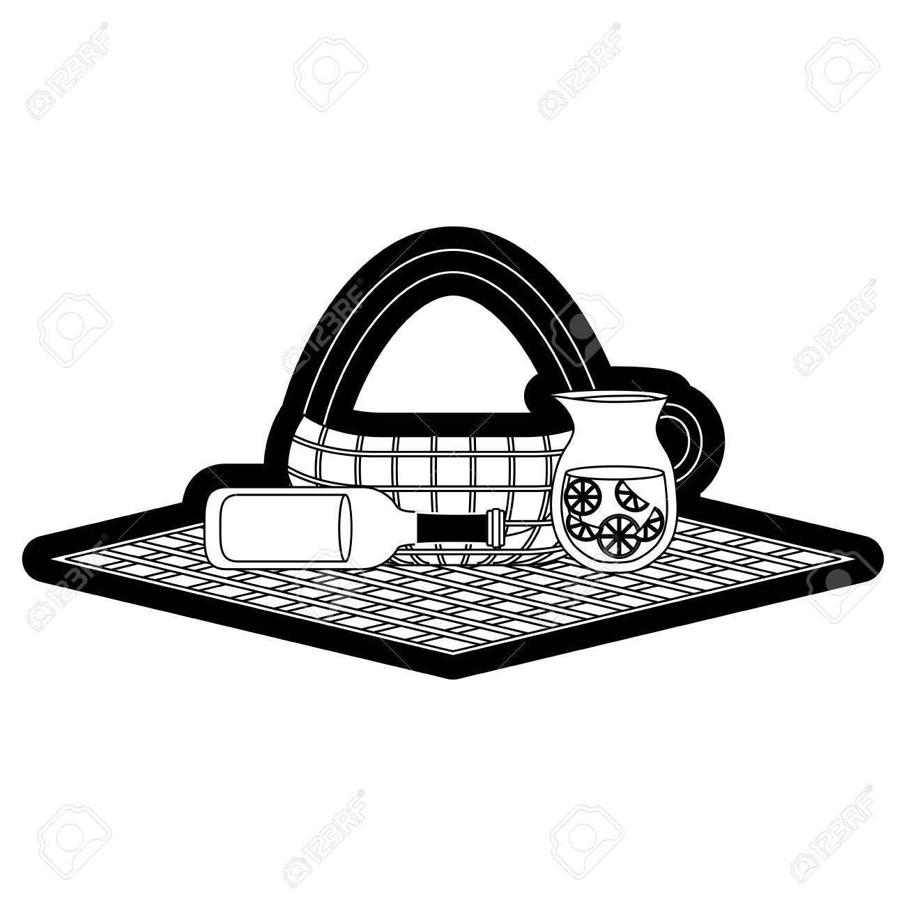 Picknicktischdecke Mit Korb Und Getranken Uber Weisser Illustration Lizenzfrei Nutzbare Vektorgrafiken Clip Arts Illustrationen Image 92478350
