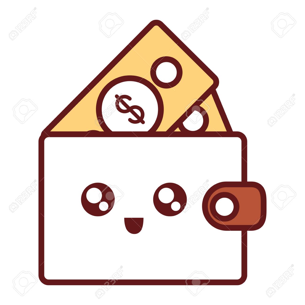 白い背景ベクトルのイラストの上に紙幣と可愛い財布に着色フラットライン のイラスト素材 ベクタ Image