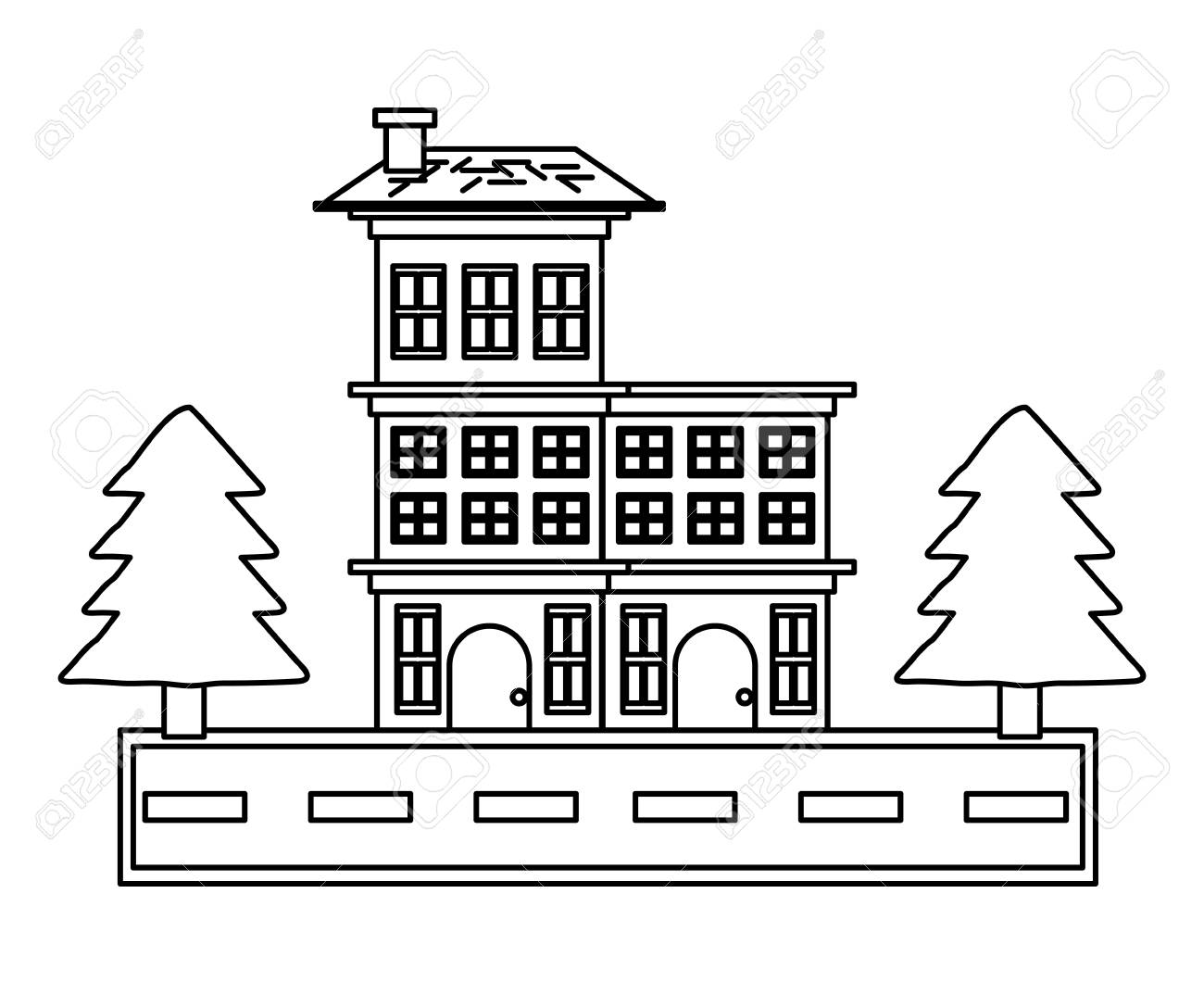 Sketch Of Street With Big House And Trees Icon Over Whtie Background