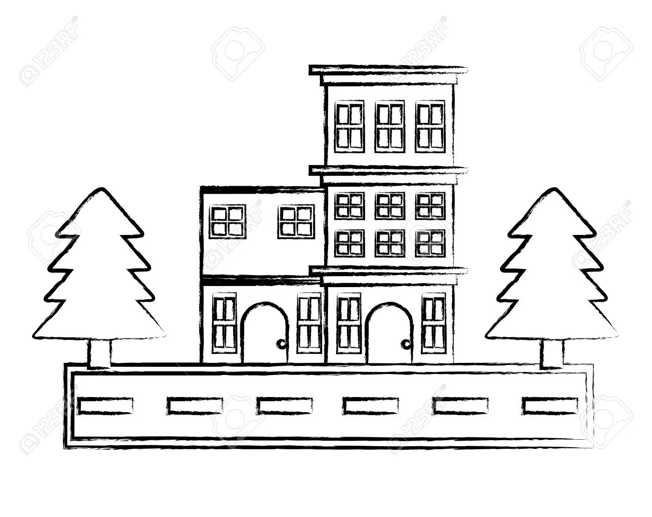 Sketch Of Street With Big House And Trees Icon Over Whtie Background