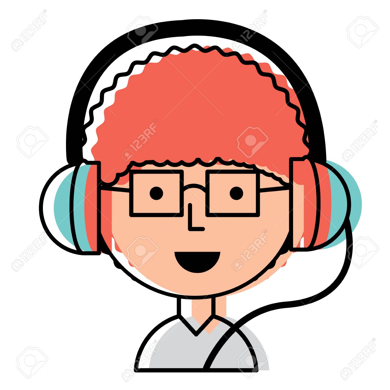 白い背景 カラフルなデザインの上にメガネとヘッドフォンを持つ漫画の男 ベクトル図のイラスト素材 ベクタ Image