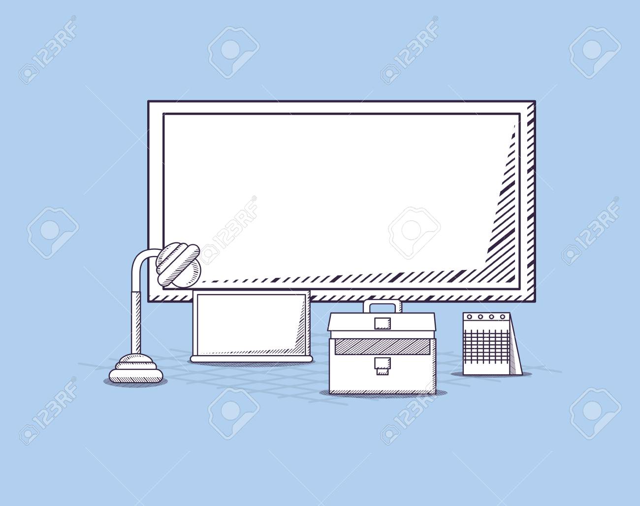 コンピュータとオフィスは 青い背景 スケッチデザインベクトルイラストの上に関連するアイコンを供給します のイラスト素材 ベクタ Image コンピュータとオフィスは 青い背景 スケッチデザインベクトルイラストの上に関連するアイコンを供給します のイラスト素材 ベクタ Image