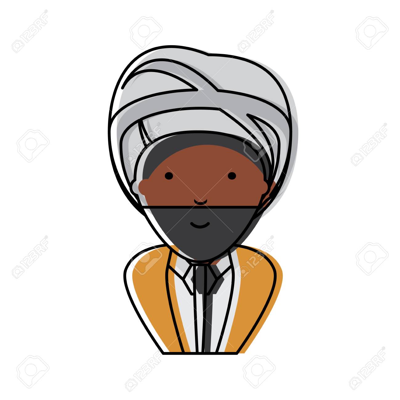 白い背景 カラフルなデザインの上にターバンを身に着けている漫画のインド人の男 ベクトル図 のイラスト素材 ベクタ Image