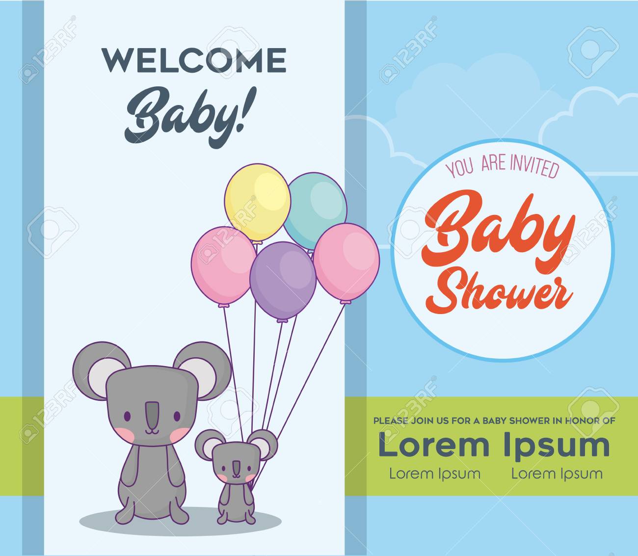 Baby Shower Invitation Template With Cute Koalas With Colorful Baby Shower Invitation Template With Cute Koalas With Colorful