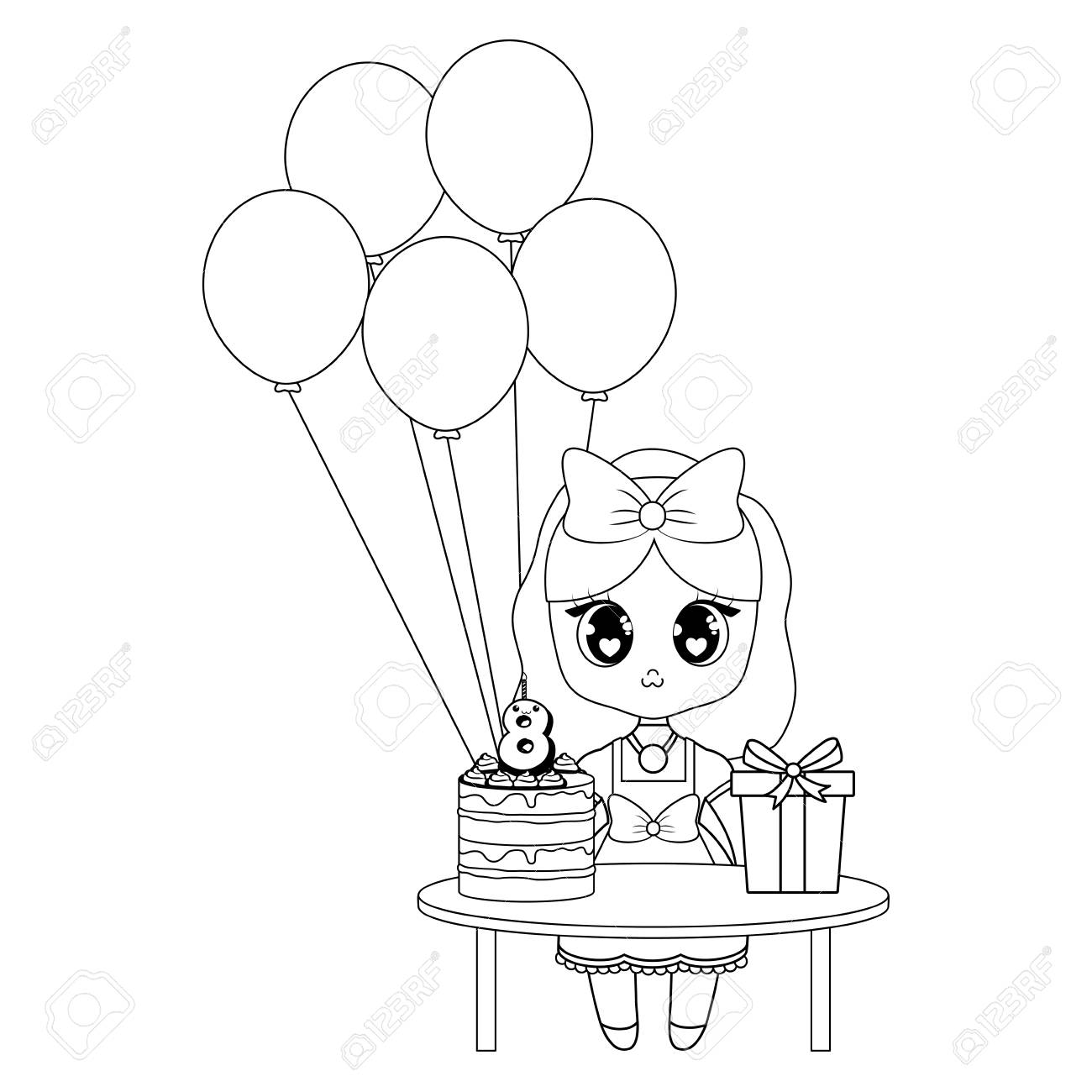 Anime Girl And Table With Birthday Cake And Gift Box Over White Background Vector Illustration Royalty Free Cliparts Vectors And Stock Illustration Image