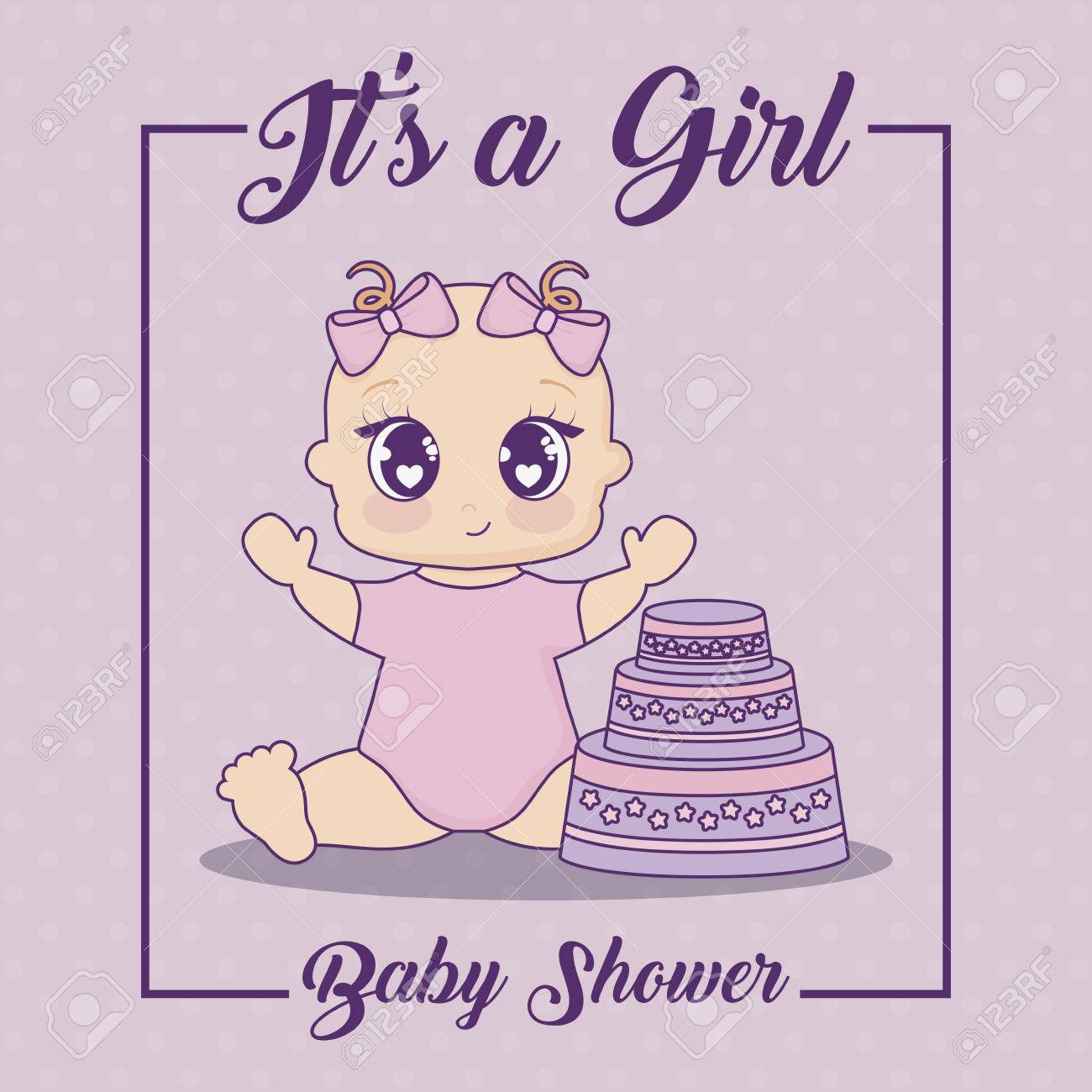 its a girl baby shower concept with cute baby girl and cake its a girl purple