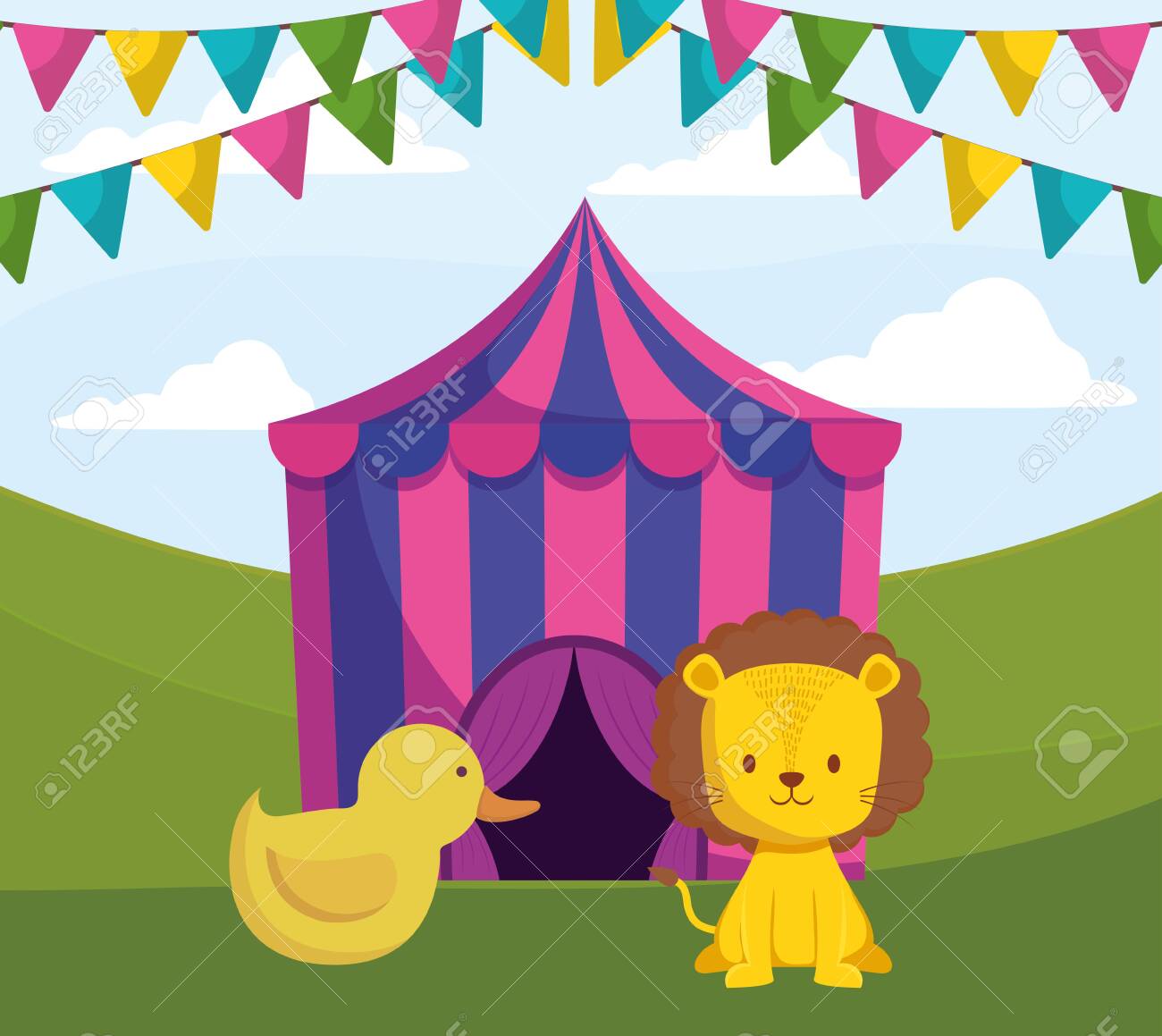 Cute Circus Lion With Tent Vector Illustration Design Cute Circus Lion With Tent Vector Illustration Design