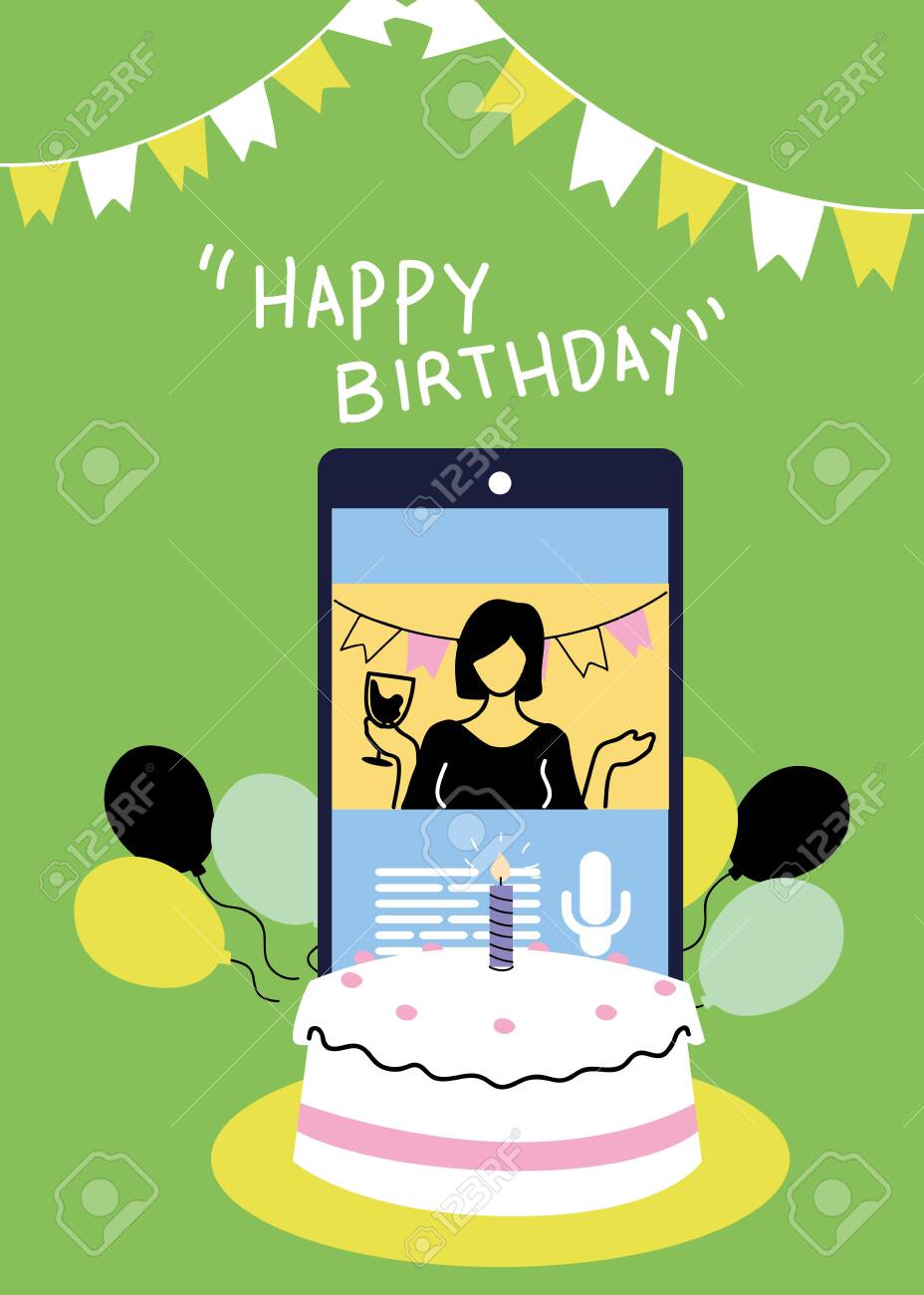 Woman With Wine Cup On Smartphone With Cake And Balloons Design Royalty Free Cliparts Vectors And Stock Illustration Image